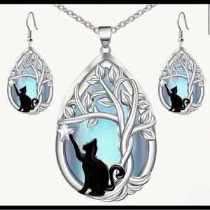 Cat Moonstone Pendant Earrings Black Cat Tree Of Life Silver Plated Set Family